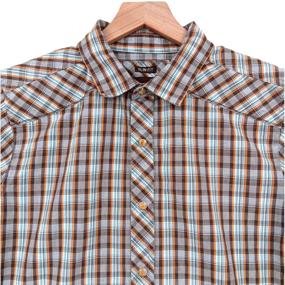 Prana Shirt Mens M Brown Plaid Slim Fit Pearl Snap Western Hiking Outdoor LS